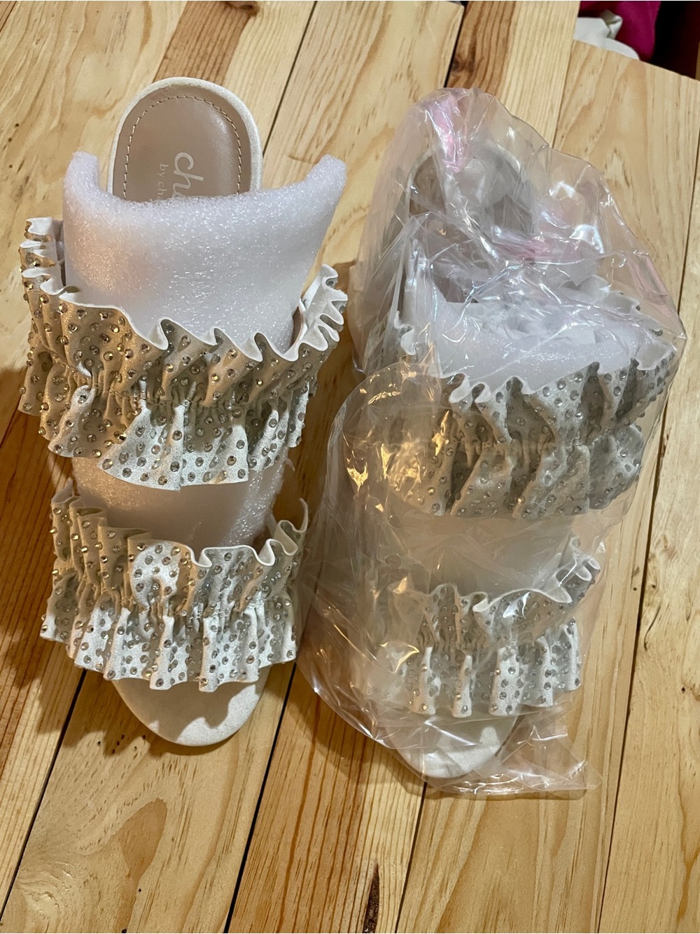 Ruffled Rhinestone Block Heel Slide - Ivory - Picture 5 of 12